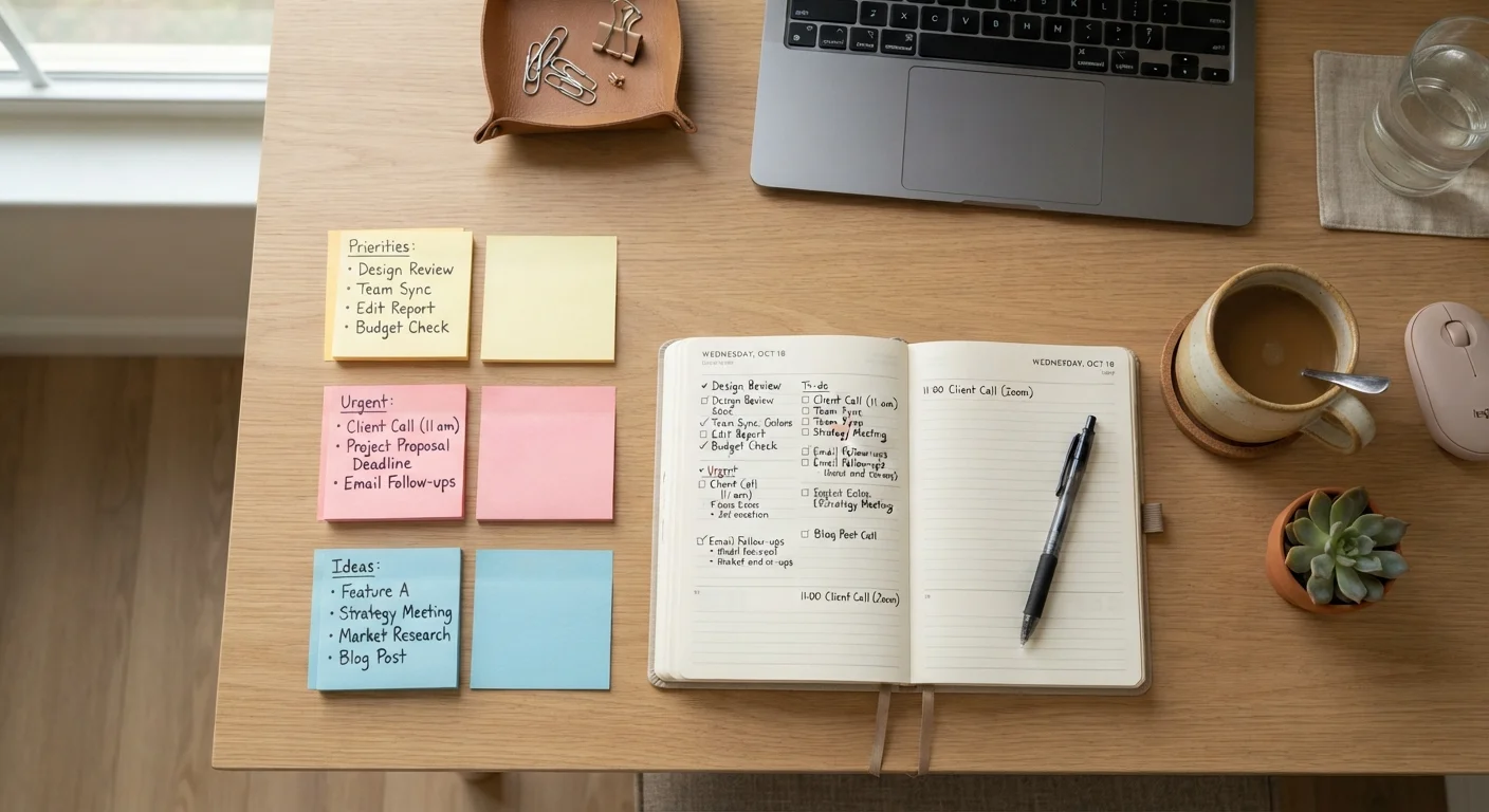 Overhead view of a organized desk with grouped sticky notes and an open planner