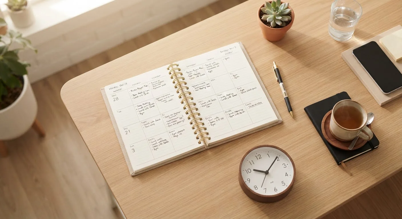 A neatly organized desk with an open planner, pen, and analog clock in morning light