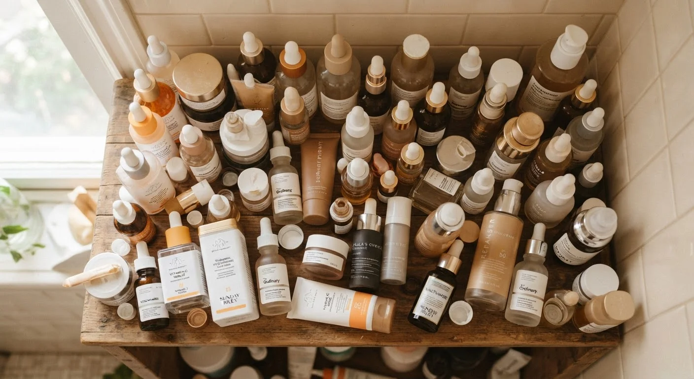 Overcrowded bathroom shelf filled with numerous skincare products and bottles.